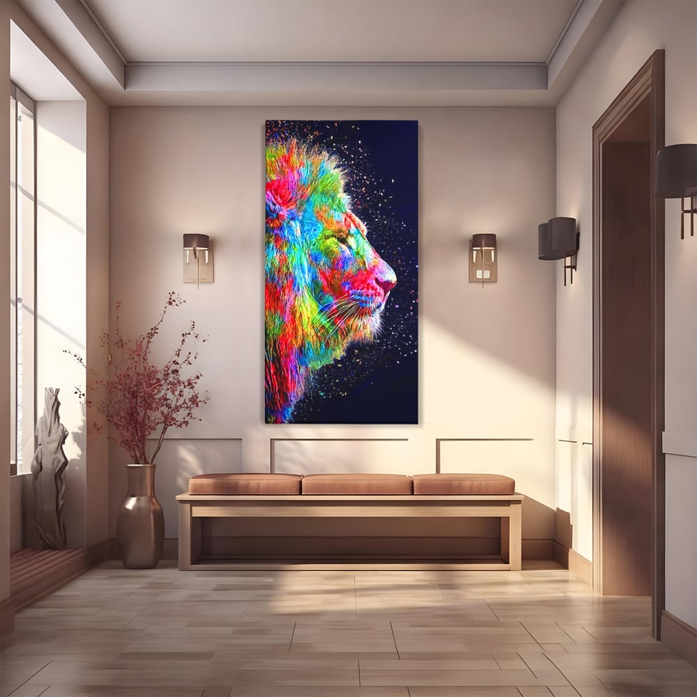 Tablou canvas cu tablou canvas cu profil de leu multicolor, fara rama, pe sasiu de lemn